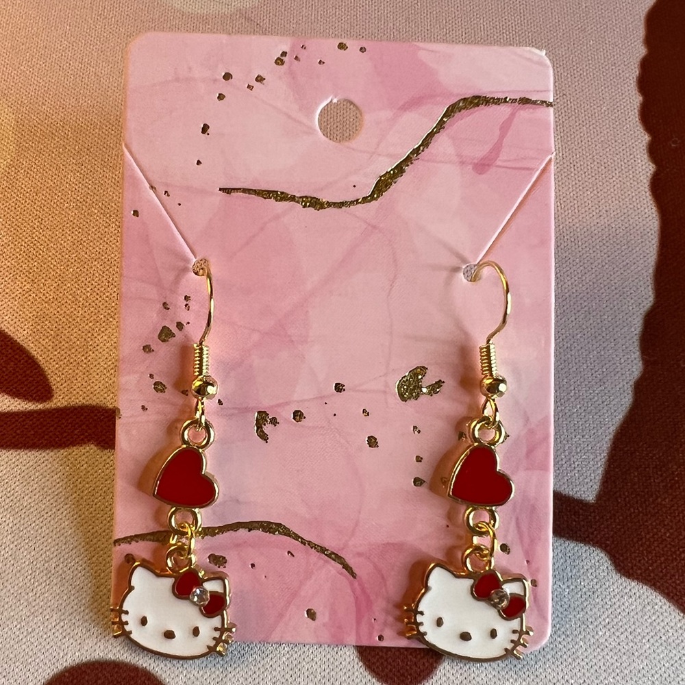Delicate *red heart* Hello Kitty bling earrings